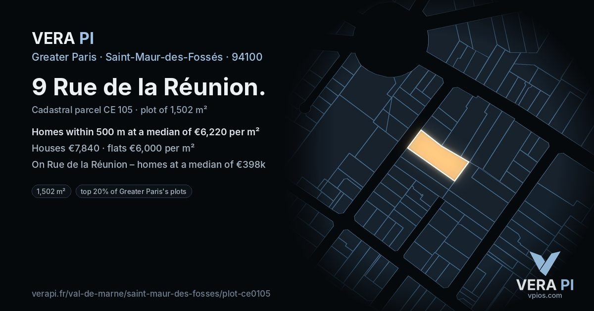 9 Rue de la Réunion, Saint-Maur-des-Fossés at night – the plot lit, the parcels around coloured by the prices near them