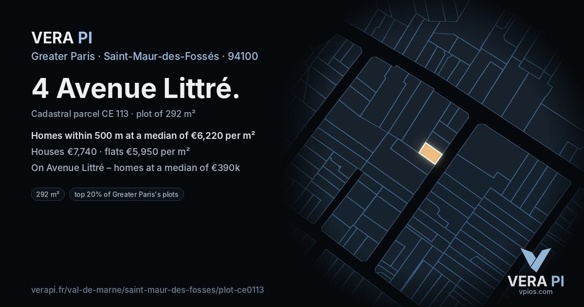 4 Avenue Littré, Saint-Maur-des-Fossés at night – the plot lit, the parcels around coloured by the prices near them