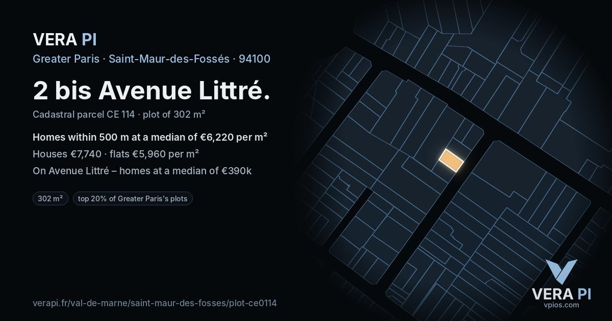 2 bis Avenue Littré, Saint-Maur-des-Fossés at night – the plot lit, the parcels around coloured by the prices near them
