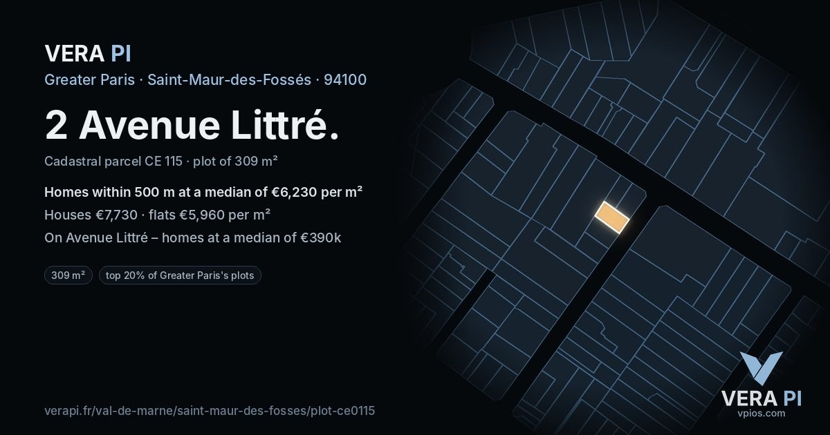 2 Avenue Littré, Saint-Maur-des-Fossés at night – the plot lit, the parcels around coloured by the prices near them