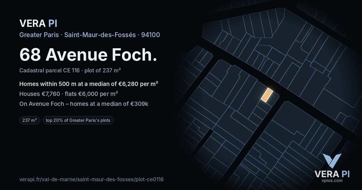 68 Avenue Foch, Saint-Maur-des-Fossés at night – the plot lit, the parcels around coloured by the prices near them