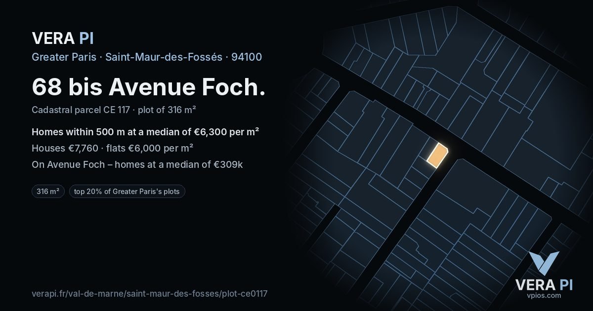 68 bis Avenue Foch, Saint-Maur-des-Fossés at night – the plot lit, the parcels around coloured by the prices near them