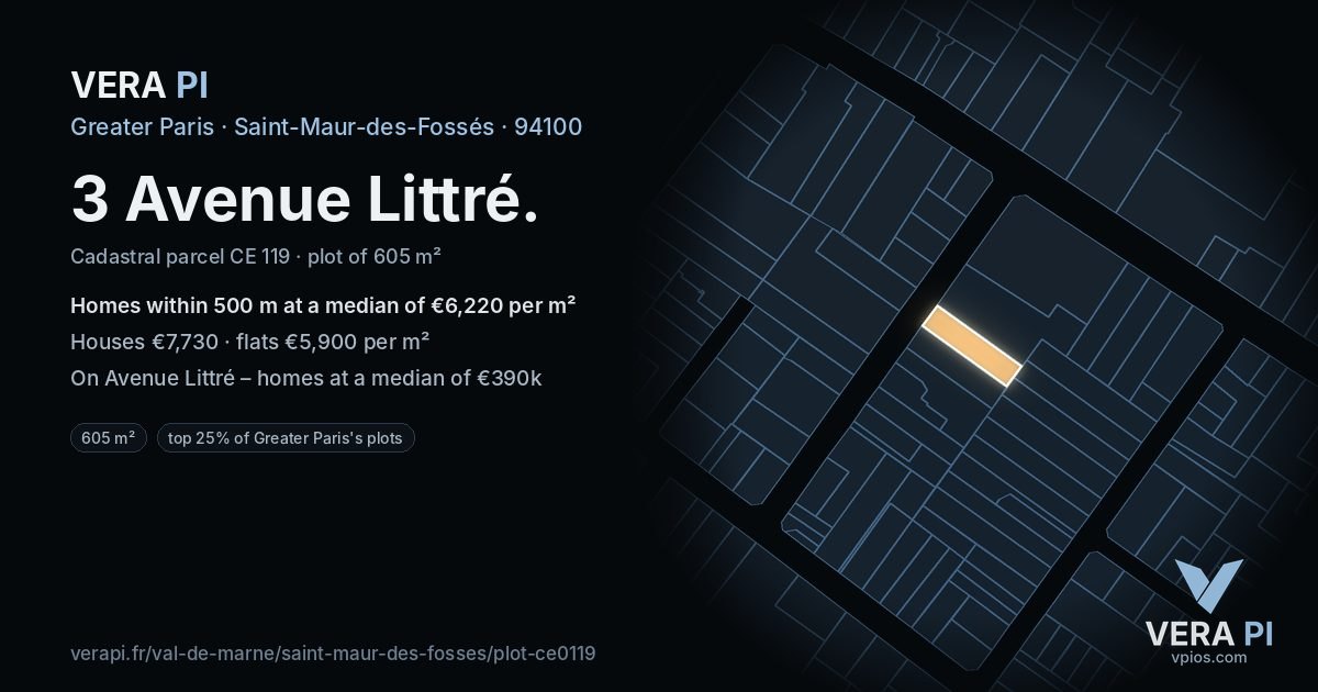 3 Avenue Littré, Saint-Maur-des-Fossés at night – the plot lit, the parcels around coloured by the prices near them