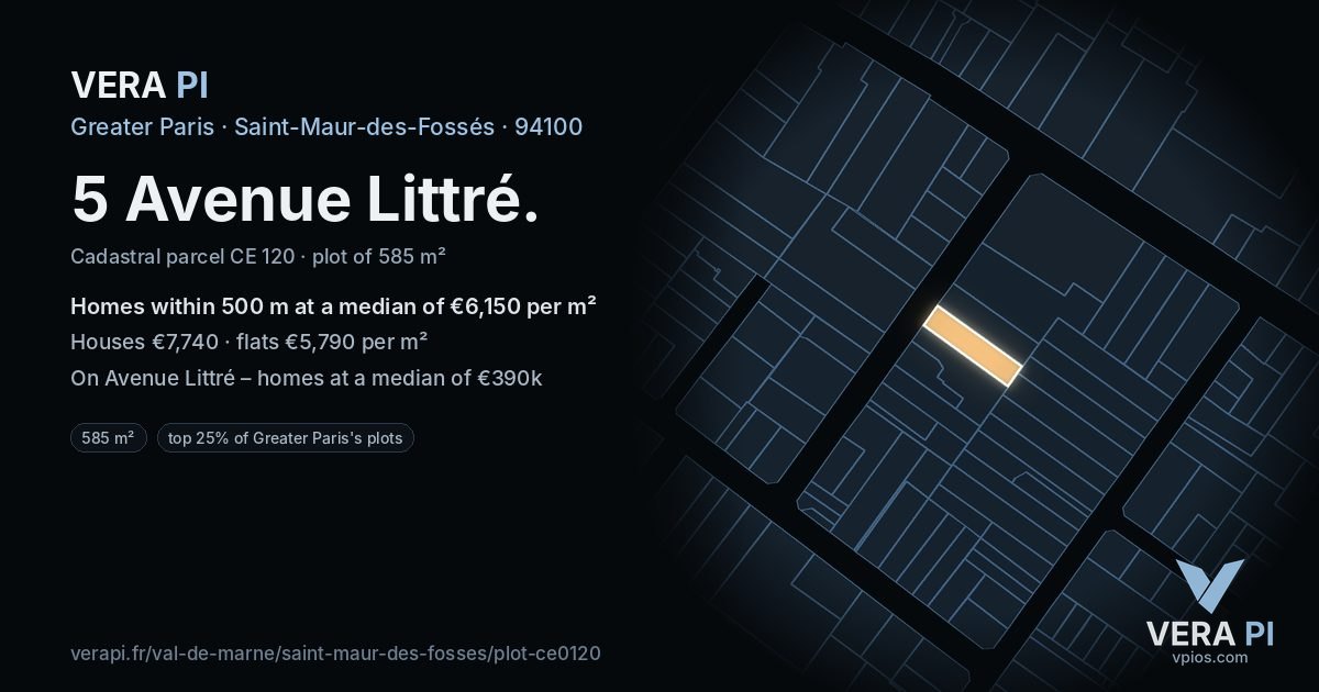 5 Avenue Littré, Saint-Maur-des-Fossés at night – the plot lit, the parcels around coloured by the prices near them