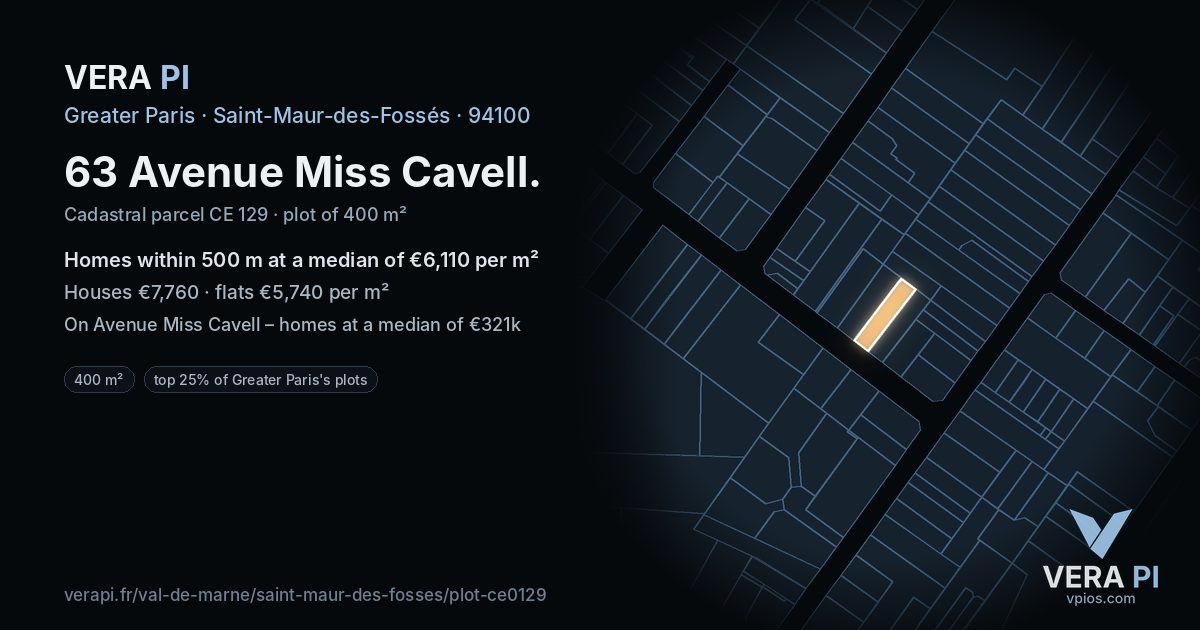 63 Avenue Miss Cavell, Saint-Maur-des-Fossés at night – the plot lit, the parcels around coloured by the prices near them