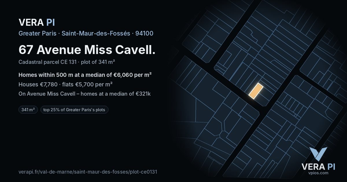67 Avenue Miss Cavell, Saint-Maur-des-Fossés at night – the plot lit, the parcels around coloured by the prices near them