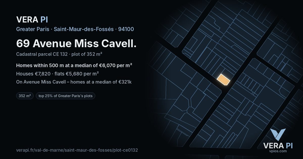 69 Avenue Miss Cavell, Saint-Maur-des-Fossés at night – the plot lit, the parcels around coloured by the prices near them