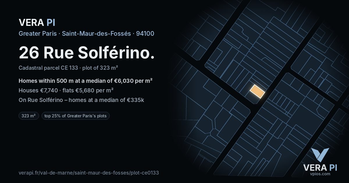 26 Rue Solférino, Saint-Maur-des-Fossés at night – the plot lit, the parcels around coloured by the prices near them