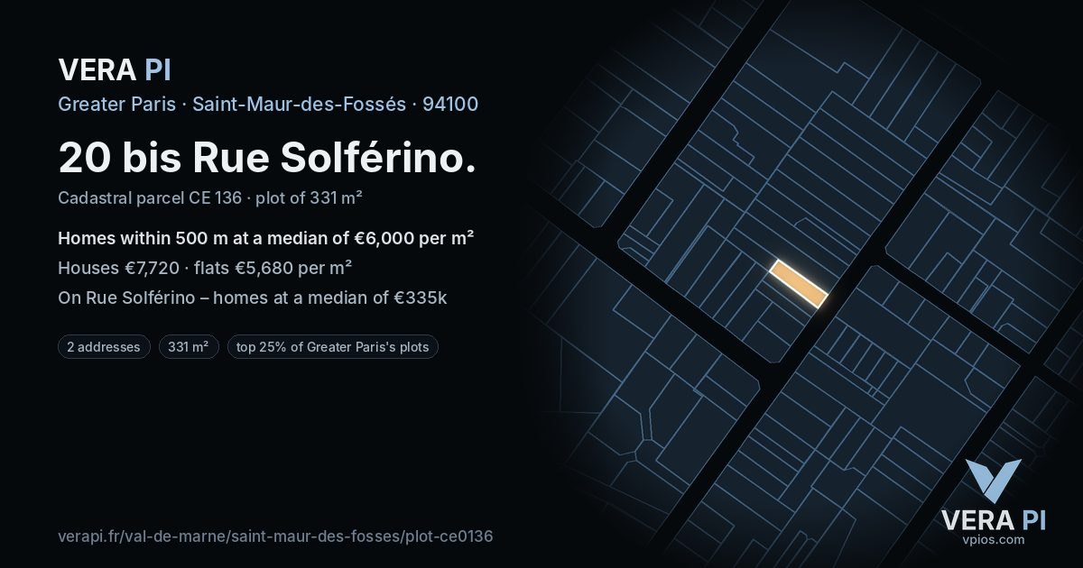 20 bis Rue Solférino, Saint-Maur-des-Fossés at night – the plot lit, the parcels around coloured by the prices near them
