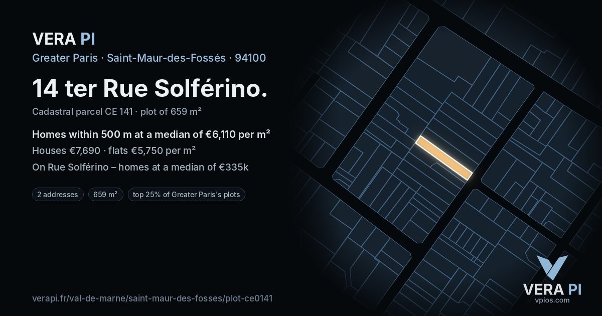 14 ter Rue Solférino, Saint-Maur-des-Fossés at night – the plot lit, the parcels around coloured by the prices near them
