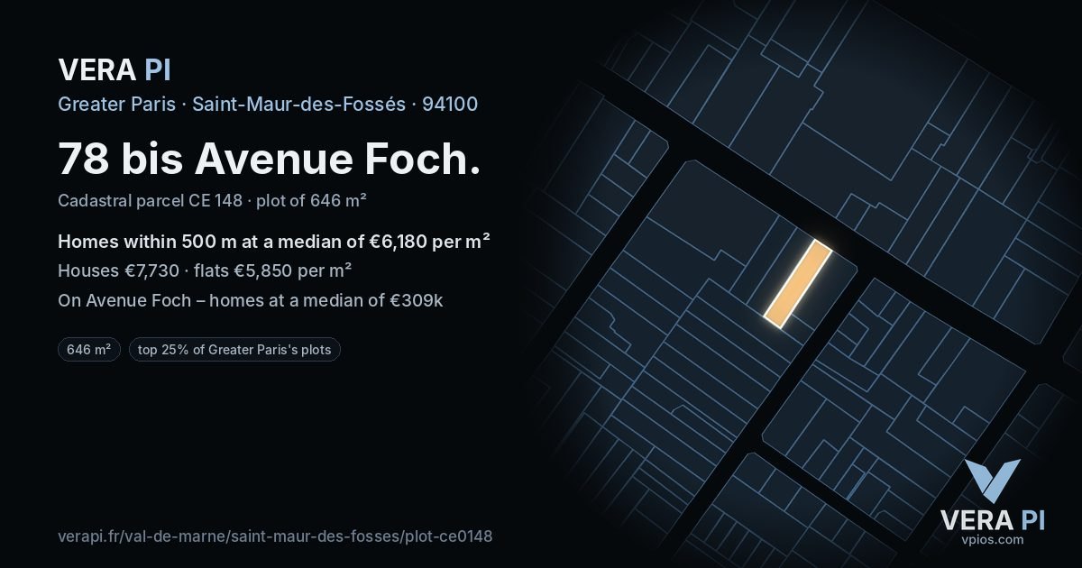 78 bis Avenue Foch, Saint-Maur-des-Fossés at night – the plot lit, the parcels around coloured by the prices near them