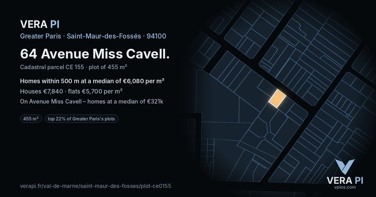 64 Avenue Miss Cavell, Saint-Maur-des-Fossés at night – the plot lit, the parcels around coloured by the prices near them