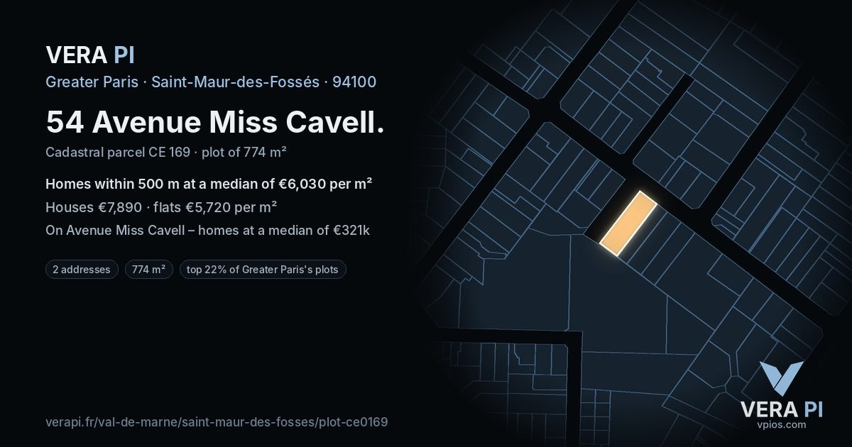 54 Avenue Miss Cavell, Saint-Maur-des-Fossés at night – the plot lit, the parcels around coloured by the prices near them