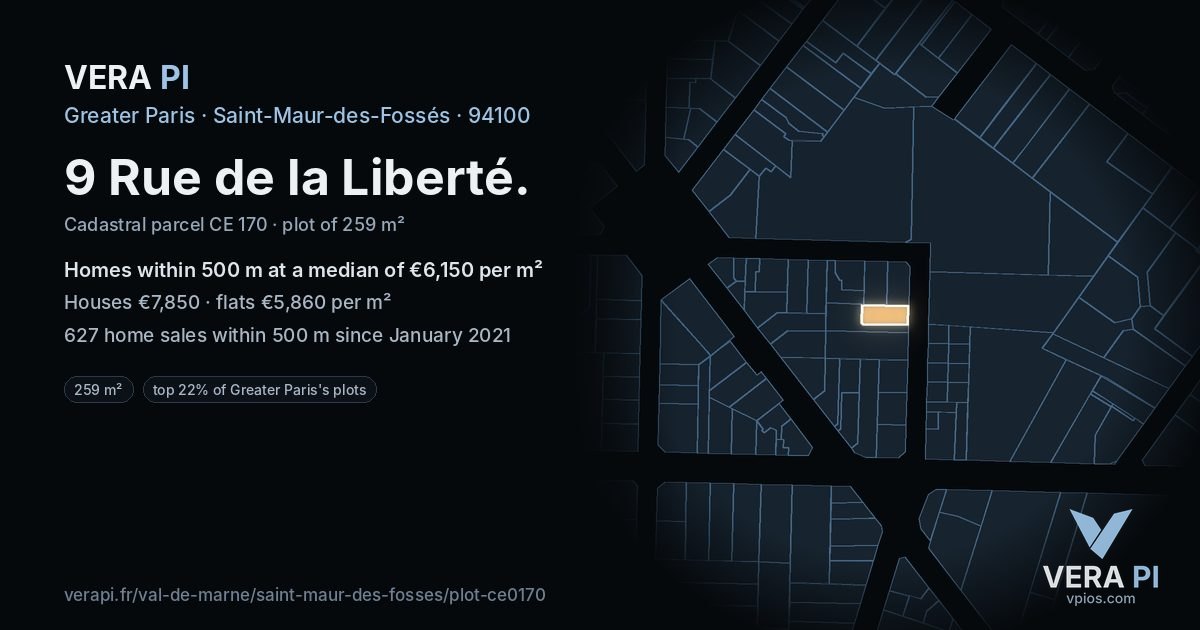 9 Rue de la Liberté, Saint-Maur-des-Fossés at night – the plot lit, the parcels around coloured by the prices near them