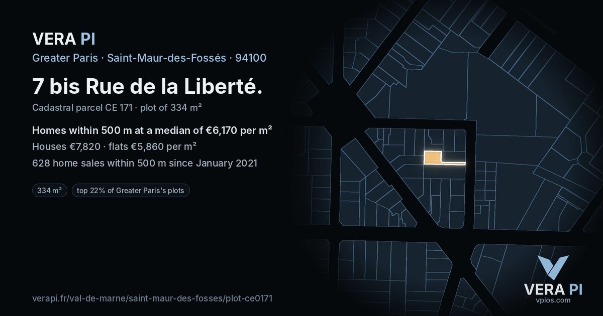 7 bis Rue de la Liberté, Saint-Maur-des-Fossés at night – the plot lit, the parcels around coloured by the prices near them