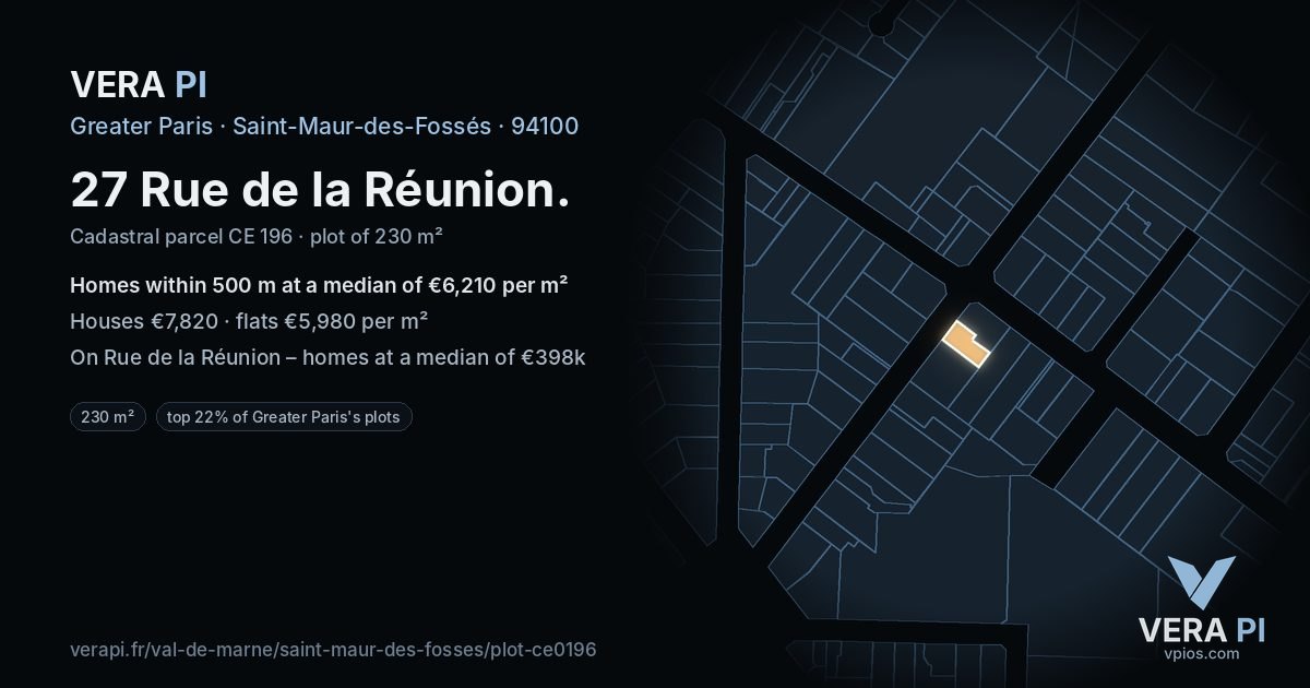 27 Rue de la Réunion, Saint-Maur-des-Fossés at night – the plot lit, the parcels around coloured by the prices near them