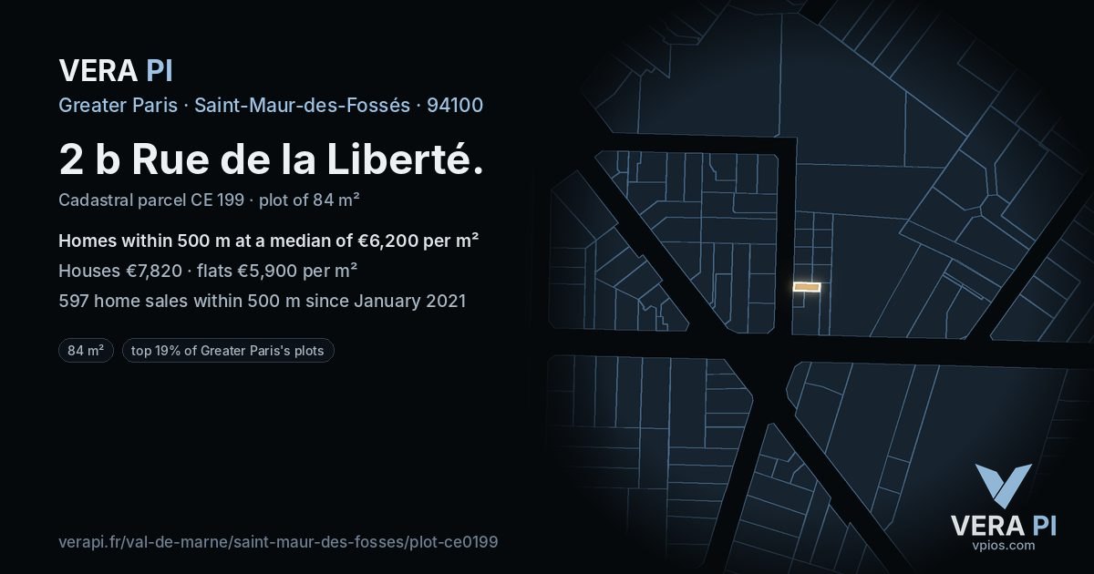 2 b Rue de la Liberté, Saint-Maur-des-Fossés at night – the plot lit, the parcels around coloured by the prices near them