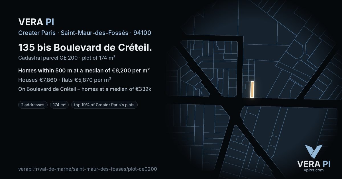 135 bis Boulevard de Créteil, Saint-Maur-des-Fossés at night – the plot lit, the parcels around coloured by the prices near them