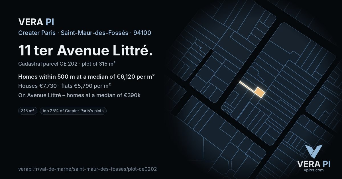 11 ter Avenue Littré, Saint-Maur-des-Fossés at night – the plot lit, the parcels around coloured by the prices near them