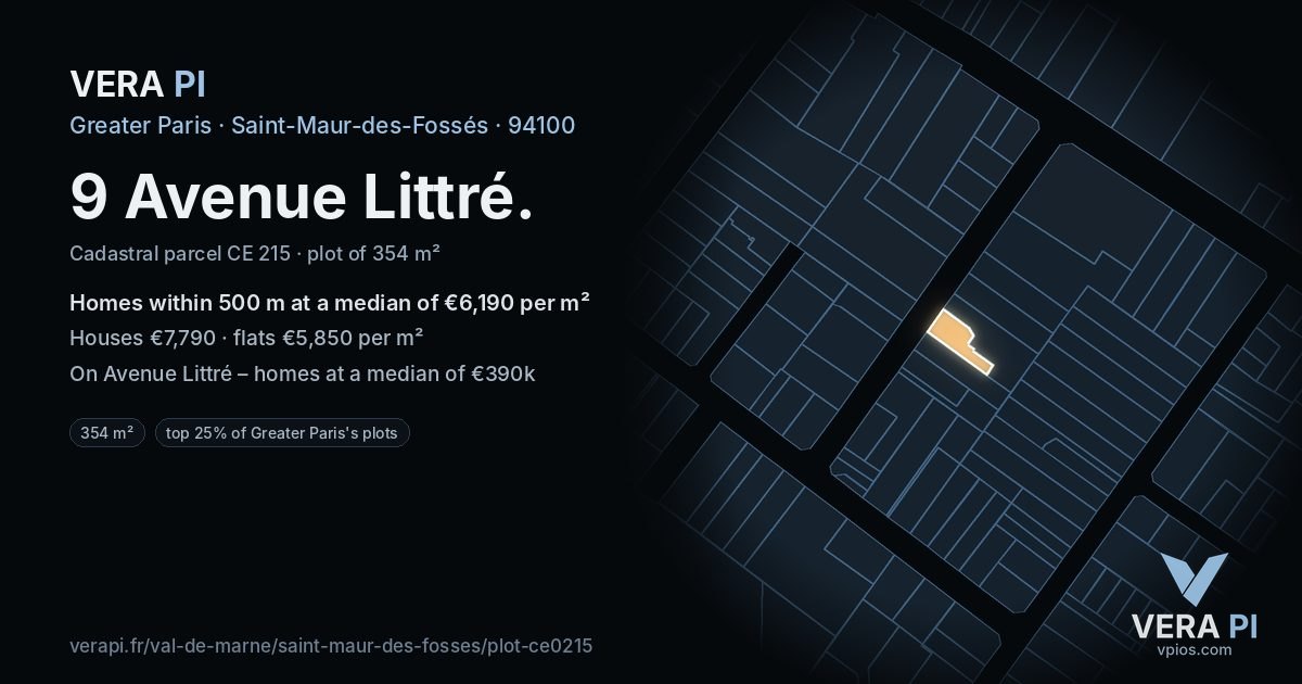 9 Avenue Littré, Saint-Maur-des-Fossés at night – the plot lit, the parcels around coloured by the prices near them