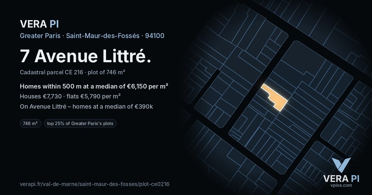 7 Avenue Littré, Saint-Maur-des-Fossés at night – the plot lit, the parcels around coloured by the prices near them