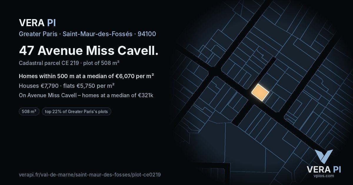 47 Avenue Miss Cavell, Saint-Maur-des-Fossés at night – the plot lit, the parcels around coloured by the prices near them
