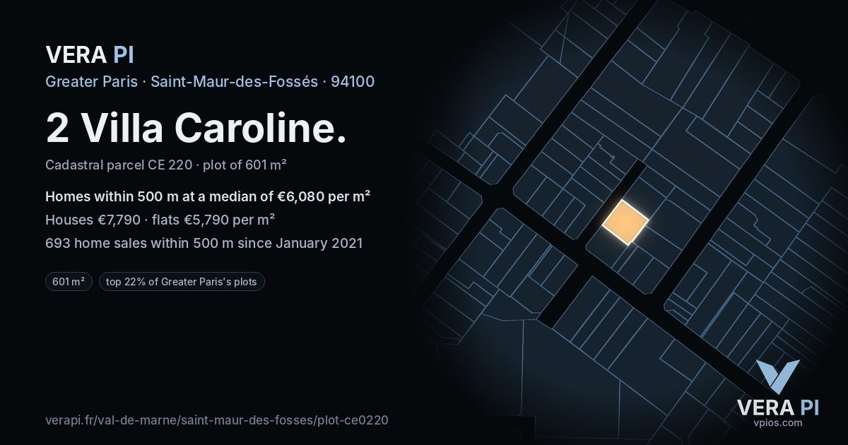 2 Villa Caroline, Saint-Maur-des-Fossés at night – the plot lit, the parcels around coloured by the prices near them