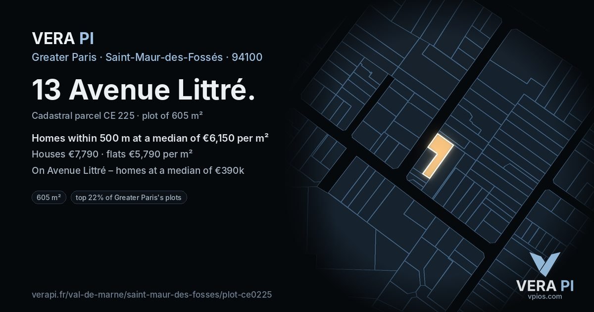 13 Avenue Littré, Saint-Maur-des-Fossés at night – the plot lit, the parcels around coloured by the prices near them