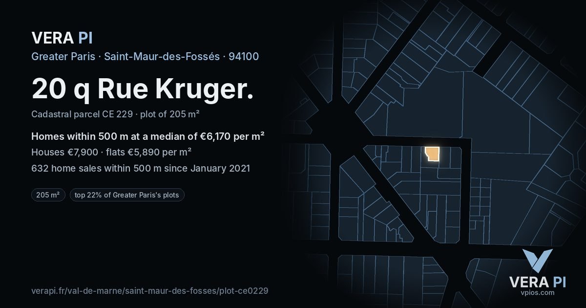 20 q Rue Kruger, Saint-Maur-des-Fossés at night – the plot lit, the parcels around coloured by the prices near them
