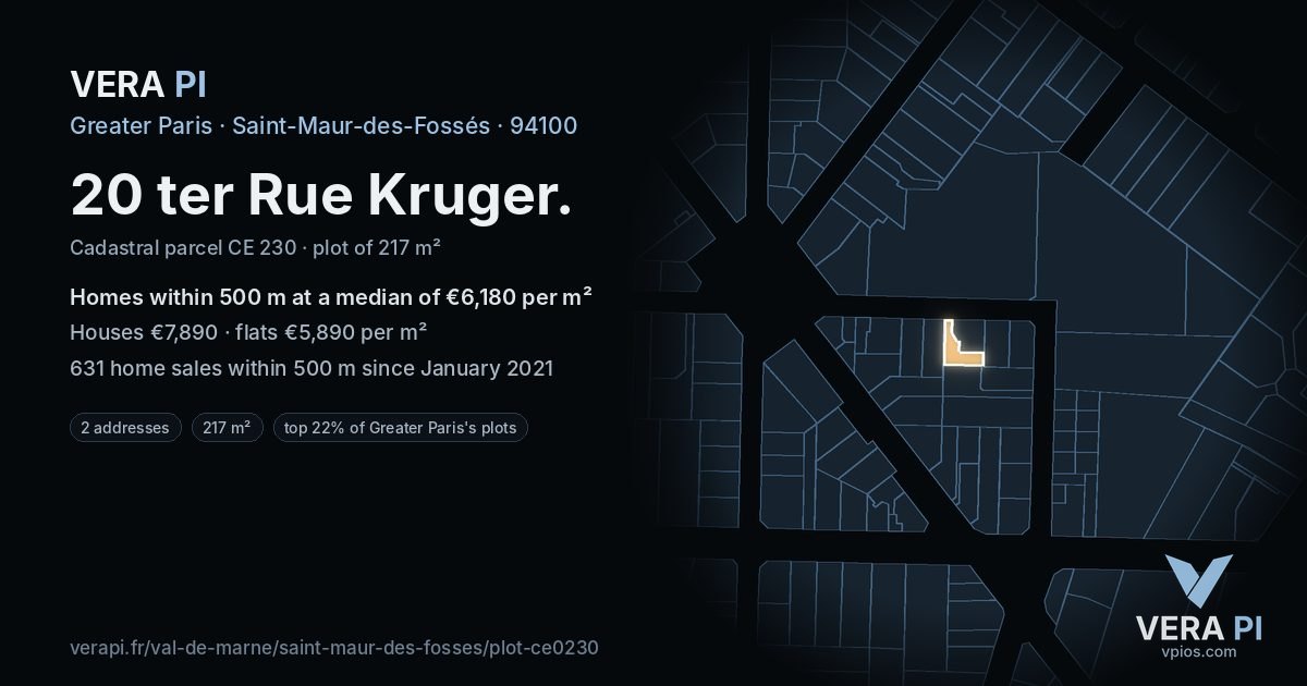 20 ter Rue Kruger, Saint-Maur-des-Fossés at night – the plot lit, the parcels around coloured by the prices near them