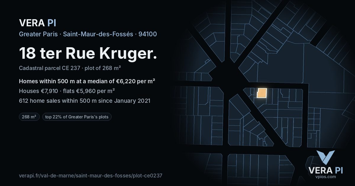 18 ter Rue Kruger, Saint-Maur-des-Fossés at night – the plot lit, the parcels around coloured by the prices near them