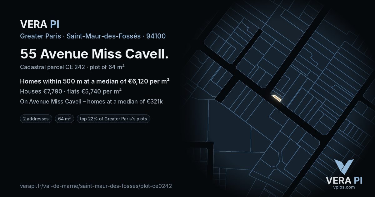55 Avenue Miss Cavell, Saint-Maur-des-Fossés at night – the plot lit, the parcels around coloured by the prices near them