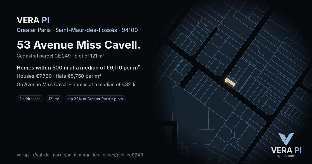 53 Avenue Miss Cavell, Saint-Maur-des-Fossés at night – the plot lit, the parcels around coloured by the prices near them