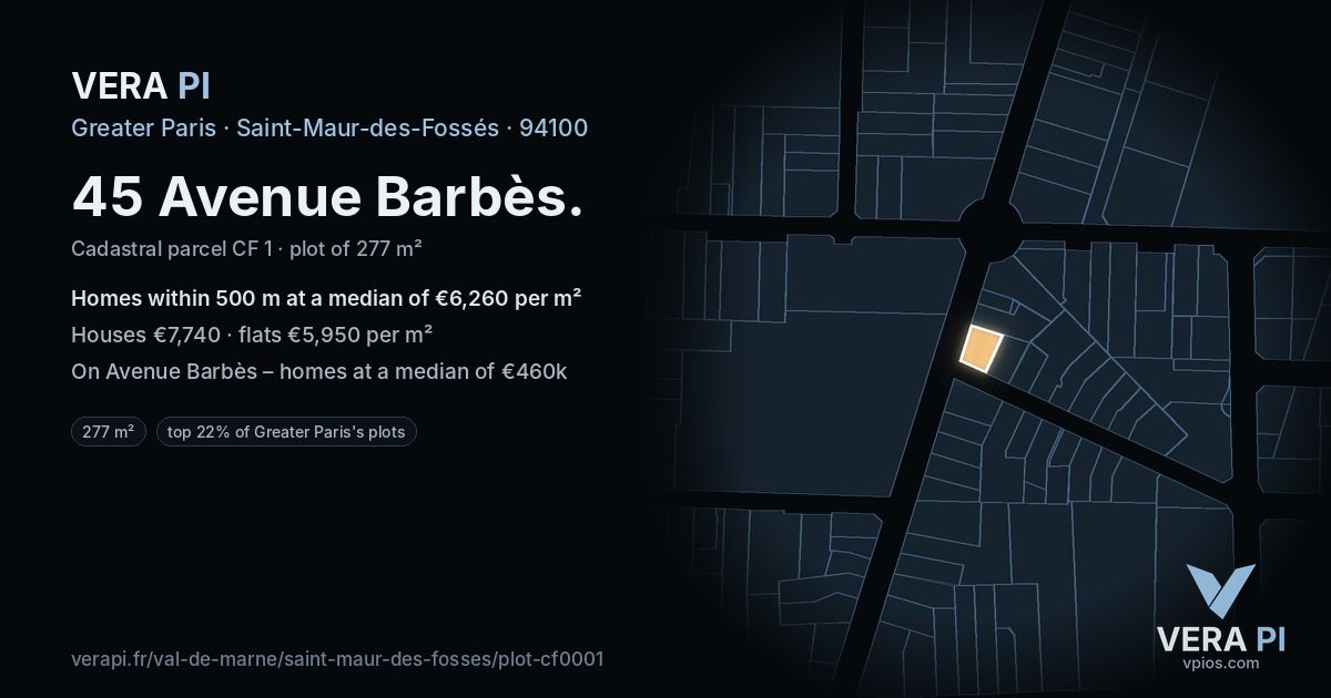 45 Avenue Barbès, Saint-Maur-des-Fossés at night – the plot lit, the parcels around coloured by the prices near them