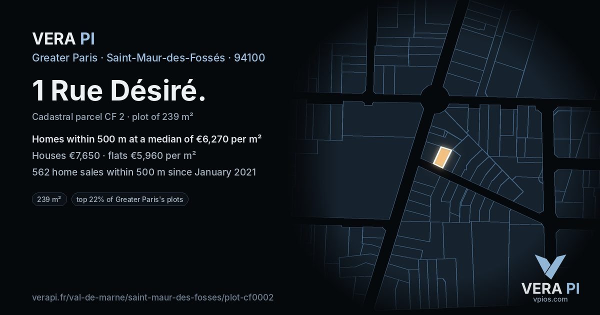 1 Rue Désiré, Saint-Maur-des-Fossés at night – the plot lit, the parcels around coloured by the prices near them