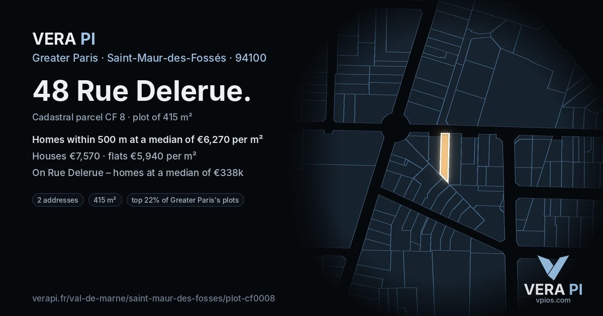 48 Rue Delerue, Saint-Maur-des-Fossés at night – the plot lit, the parcels around coloured by the prices near them