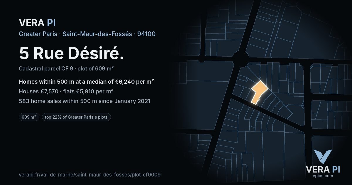 5 Rue Désiré, Saint-Maur-des-Fossés at night – the plot lit, the parcels around coloured by the prices near them