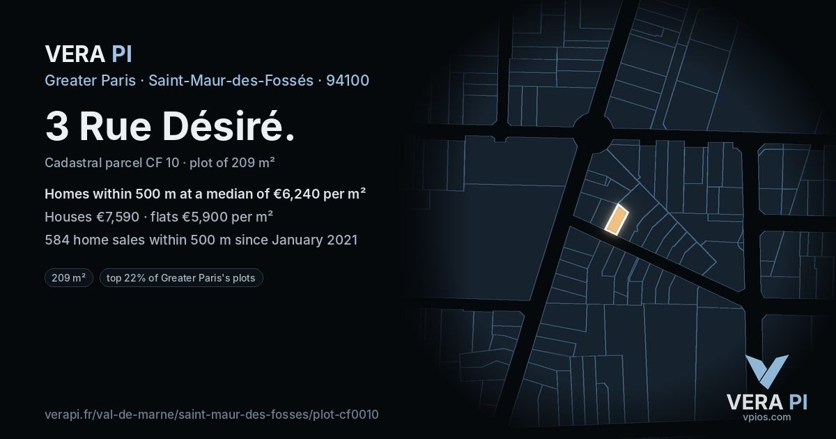 3 Rue Désiré, Saint-Maur-des-Fossés at night – the plot lit, the parcels around coloured by the prices near them