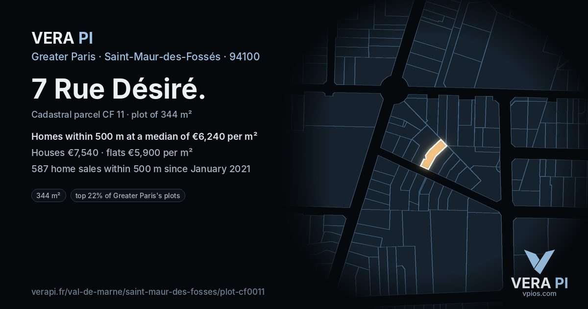 7 Rue Désiré, Saint-Maur-des-Fossés at night – the plot lit, the parcels around coloured by the prices near them