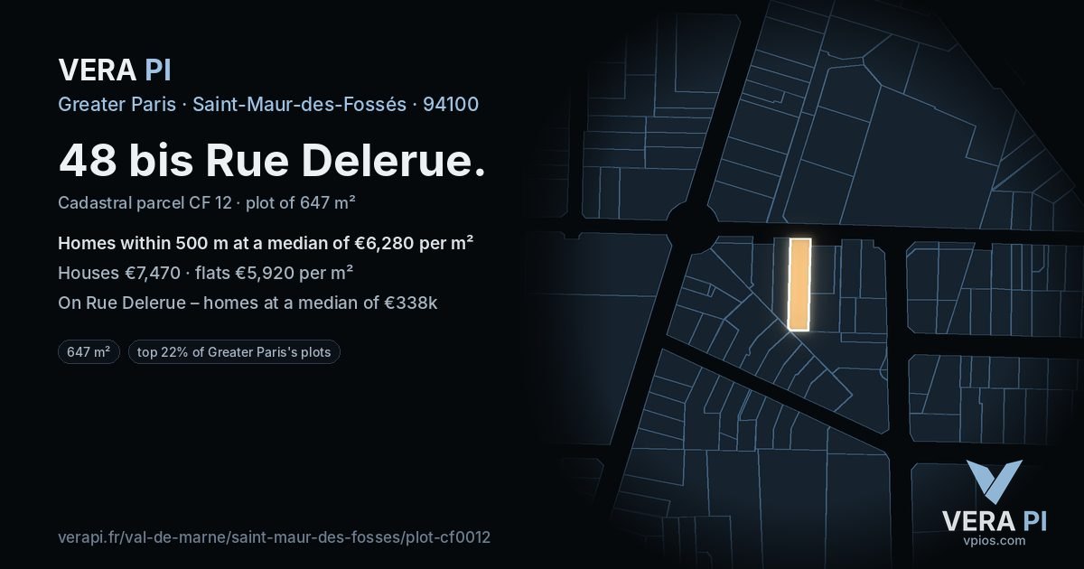 48 bis Rue Delerue, Saint-Maur-des-Fossés at night – the plot lit, the parcels around coloured by the prices near them