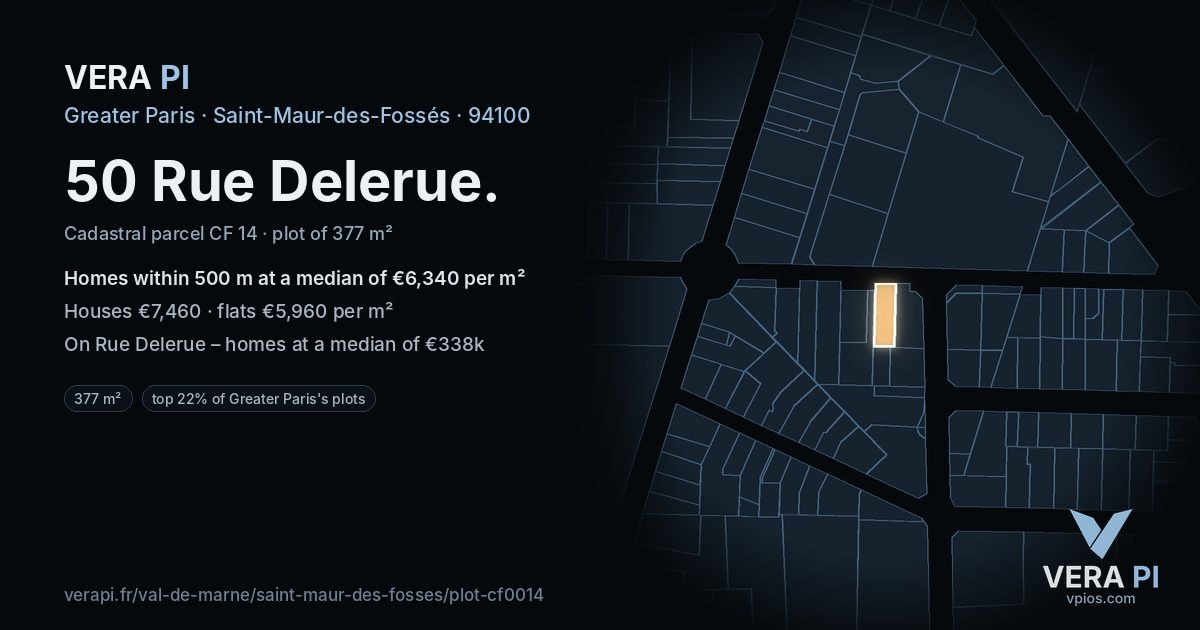 50 Rue Delerue, Saint-Maur-des-Fossés at night – the plot lit, the parcels around coloured by the prices near them