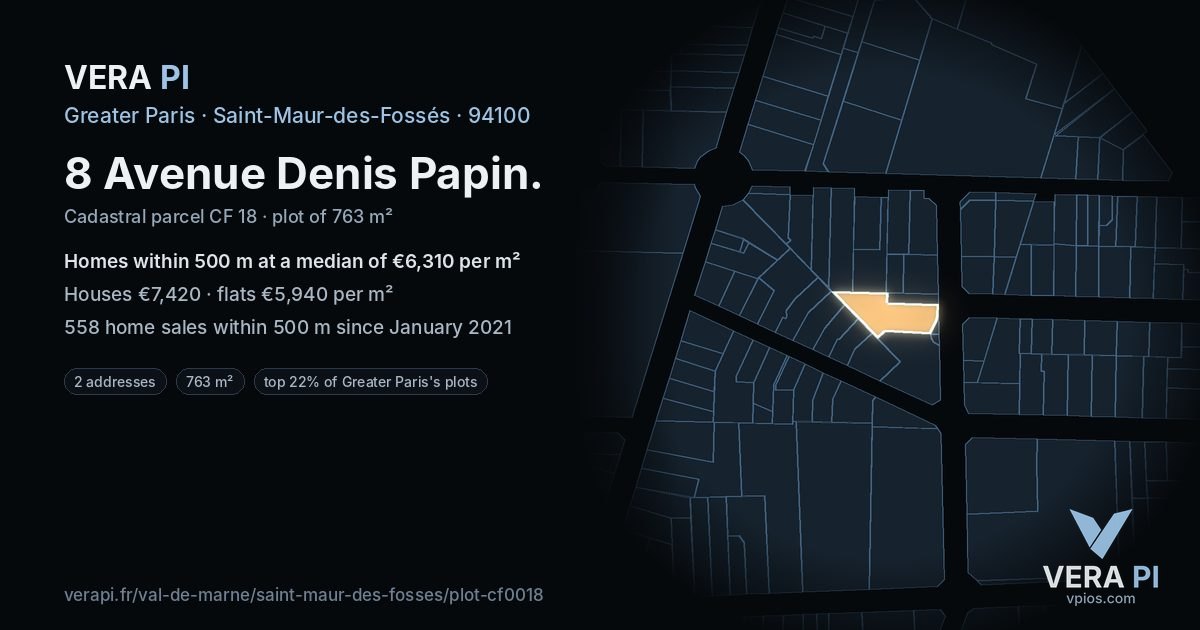8 Avenue Denis Papin, Saint-Maur-des-Fossés at night – the plot lit, the parcels around coloured by the prices near them
