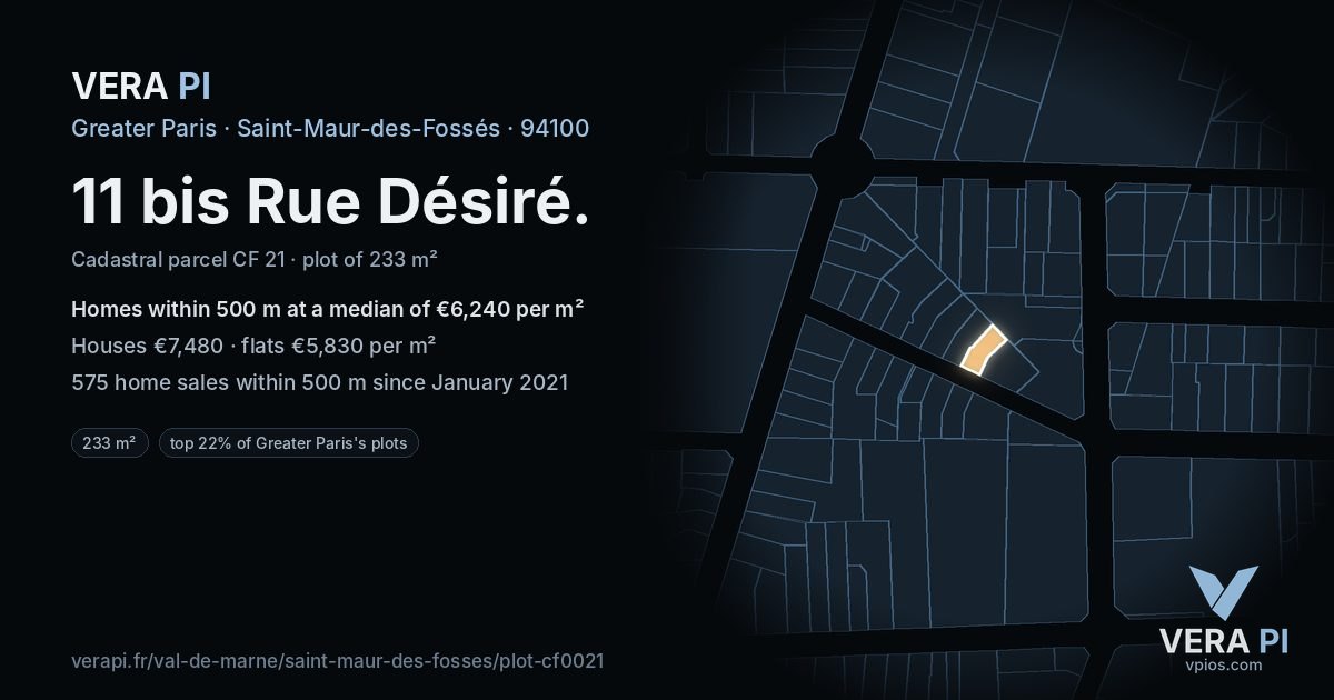 11 bis Rue Désiré, Saint-Maur-des-Fossés at night – the plot lit, the parcels around coloured by the prices near them