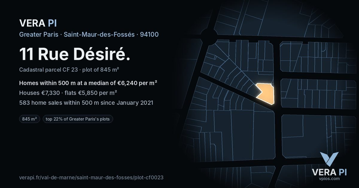 11 Rue Désiré, Saint-Maur-des-Fossés at night – the plot lit, the parcels around coloured by the prices near them