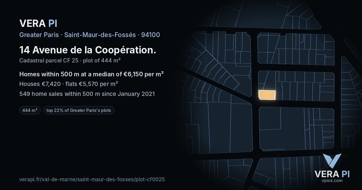 14 Avenue de la Coopération, Saint-Maur-des-Fossés at night – the plot lit, the parcels around coloured by the prices near them