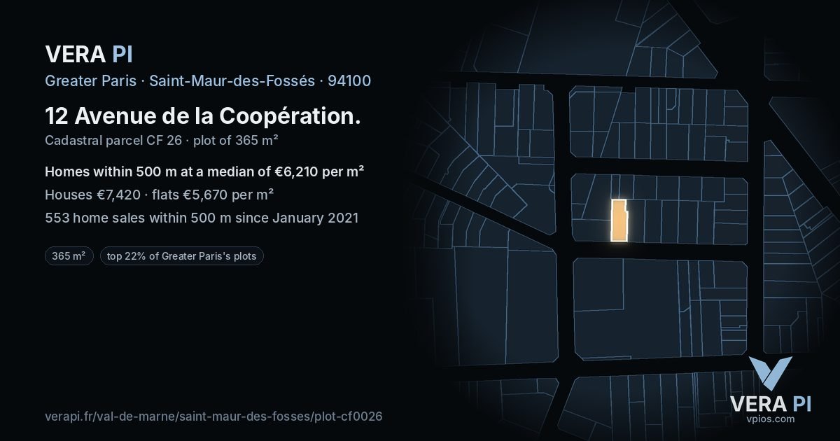 12 Avenue de la Coopération, Saint-Maur-des-Fossés at night – the plot lit, the parcels around coloured by the prices near them