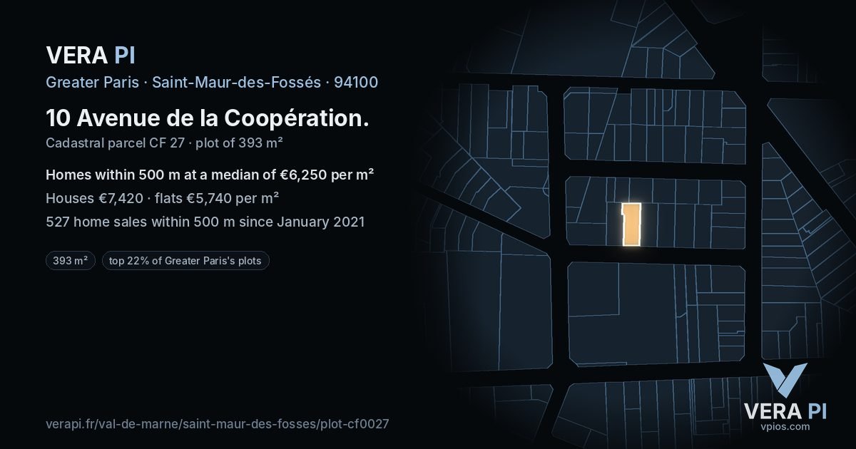 10 Avenue de la Coopération, Saint-Maur-des-Fossés at night – the plot lit, the parcels around coloured by the prices near them