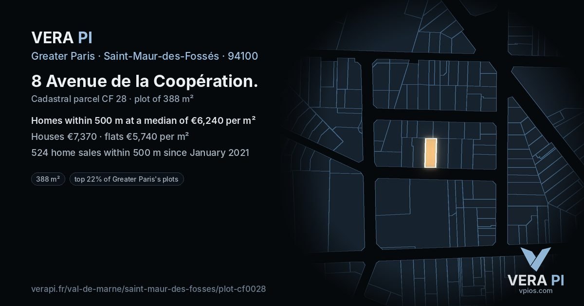 8 Avenue de la Coopération, Saint-Maur-des-Fossés at night – the plot lit, the parcels around coloured by the prices near them