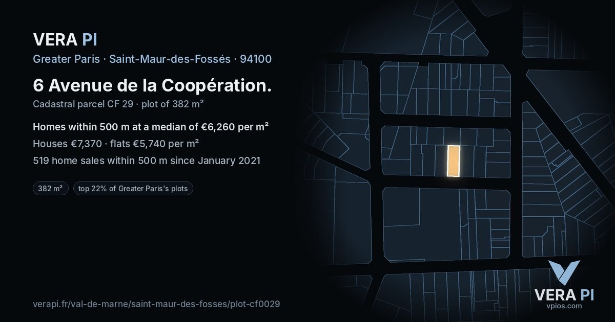 6 Avenue de la Coopération, Saint-Maur-des-Fossés at night – the plot lit, the parcels around coloured by the prices near them