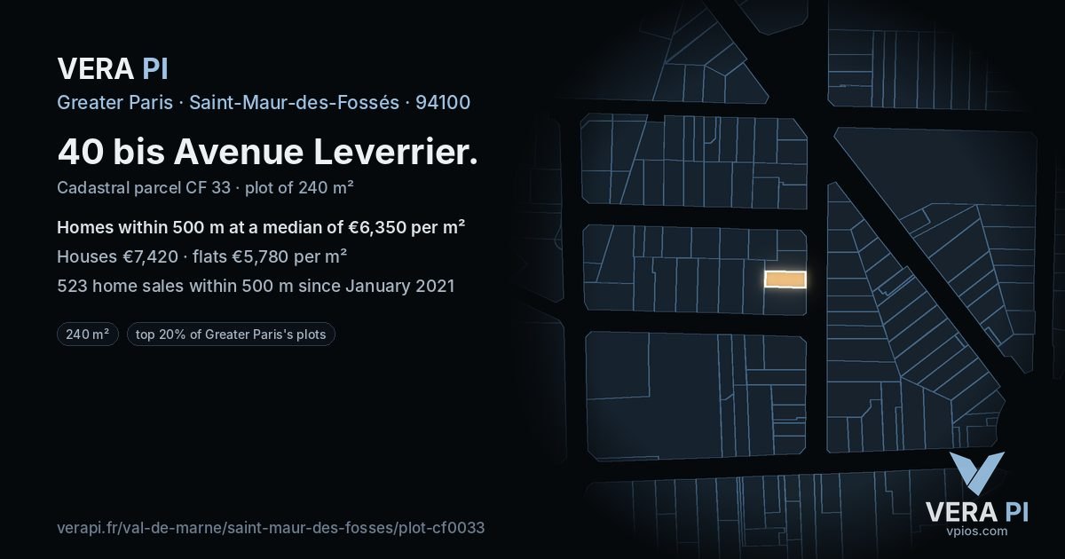 40 bis Avenue Leverrier, Saint-Maur-des-Fossés at night – the plot lit, the parcels around coloured by the prices near them